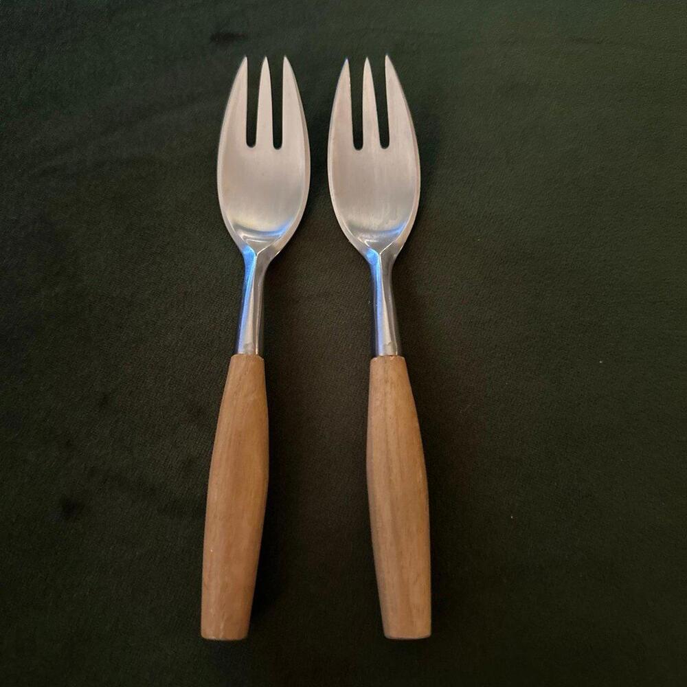 2 Dansk FJORD Teak Wood Handle Stainless GERMANY Flatware Salad Forks
